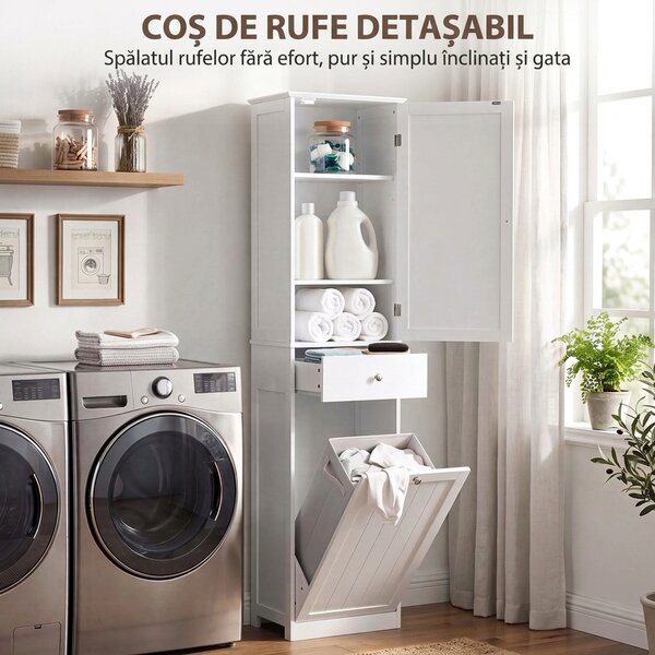 HOMCOM Dulap de baie tip coloană 180 cm cu coș de rufe rabatabil, alb | Aosom Romania
