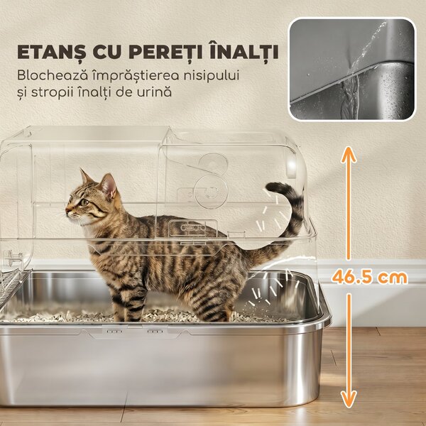 PawHut Litieră Închisă pentru Pisici 52 L din Oțel Inoxidabil, cu Capac Rabatabil, Acces Dublu și Lopățică, Negru | Aosom Romania