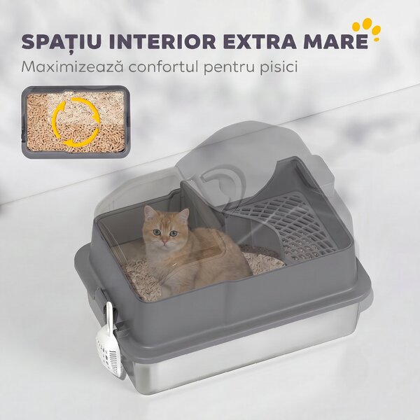 PawHut Litieră Pisici XL Închisă din Oțel Inoxidabil cu Capac, Paletă și Covoraș Colector Nisip, Gri Închis | Aosom Romania