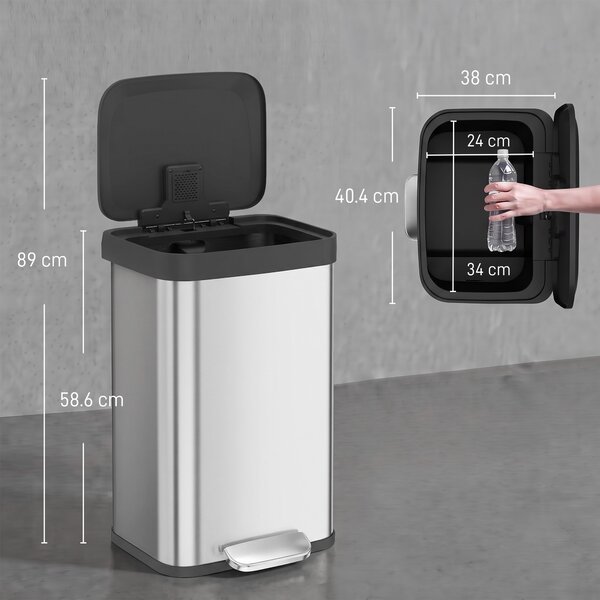 HOMCOM Coș de Gunoi Dreptunghiular cu Pedală 50 L din Oțel Inoxidabil, cu Închidere Amortizată și Compartiment pentru Odorizant, Argintiu | Aosom Romania