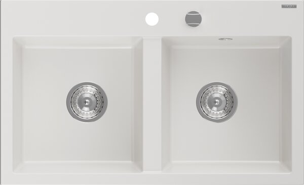 Mexen Hektor, chiuveta granit cu 2 camere 800x480x205 mm, alb, sifon crom, 6521802000-20