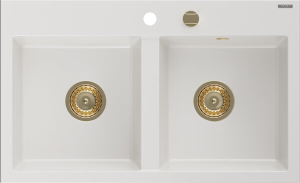 Mexen Hektor, chiuvetă granit cu 2 camere 800x480x205 mm, alb, sifon auriu, 6521802000-20-G