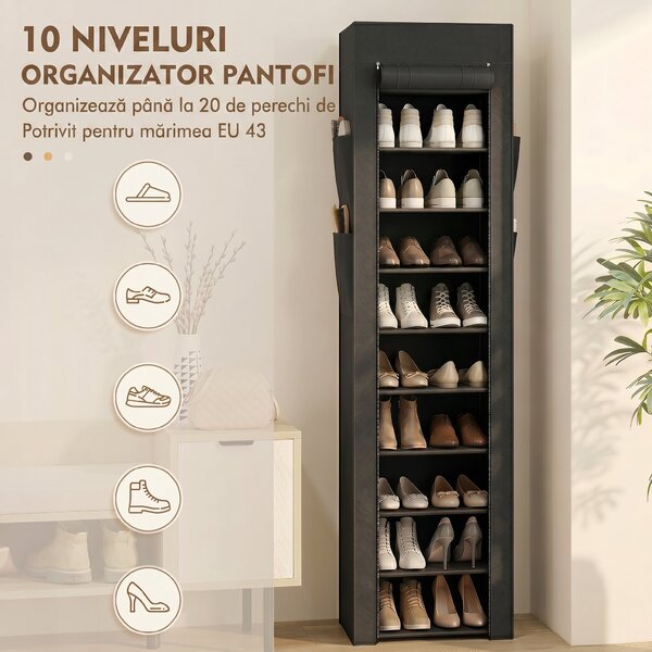 HOMCOM Pantofar 10 Etajere, Cover Antipraf, 20 Perechi, 45 x 30 x 175 cm, Negru | Aosom Romania