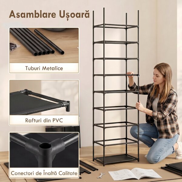 HOMCOM Pantofar 10 Etajere, Cover Antipraf, 20 Perechi, 45 x 30 x 175 cm, Negru | Aosom Romania