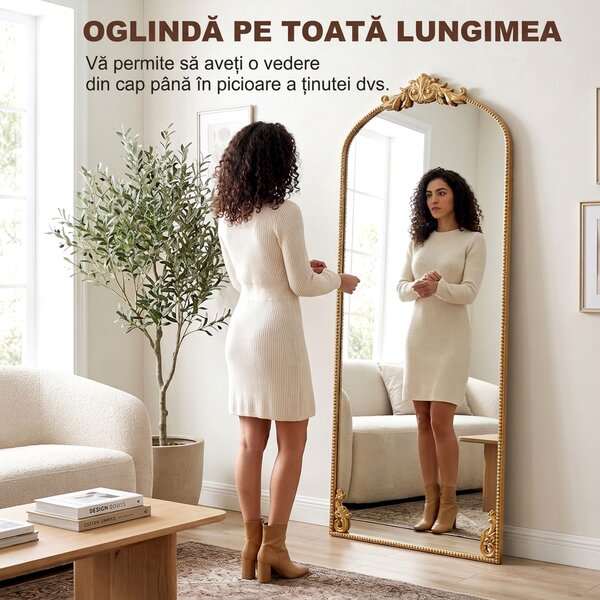 HOMCOM Oglindă Mare 180 x 75 cm, de Agățat sau Sprijinit, Auriu Vintage | Aosom Romania