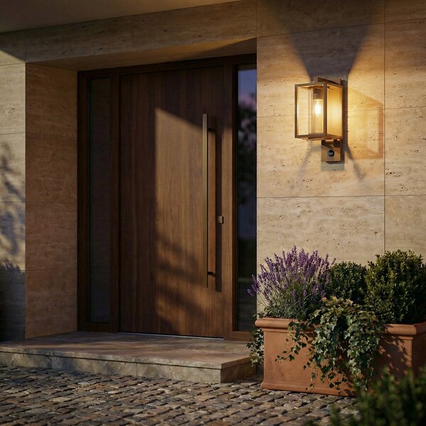 Lucande Lampă de exterior Ferda, senzor, soclu în partea inferioară, maro, reglabil, Maro / Rugină, Aluminiu, Modern