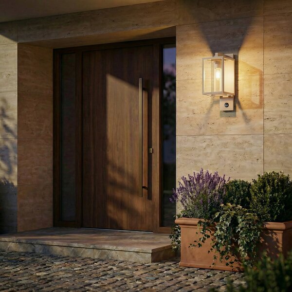 Lucande Lampă de perete exterior Ferda, senzor, soclu în partea inferioară, bej, reglabil, Bej, Aluminiu, Modern, Perete unghiular