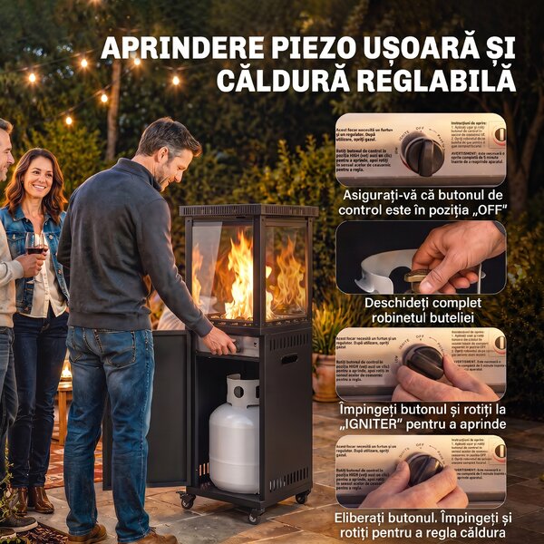Outsunny Încălzitor pe Gaz pentru Exterior 13 kW, cu Roți și Pietre Lavice, Negru | Aosom Romania