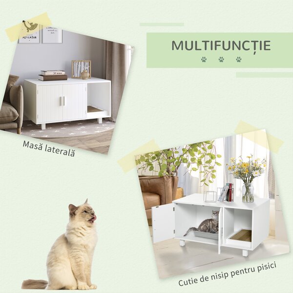 PawHut Mobilier din Lemn pentru Litiera Pisicilor, cu 2 Uși și Deschidere Laterală, 91x52x50,5 cm, Alb | Aosom Romania