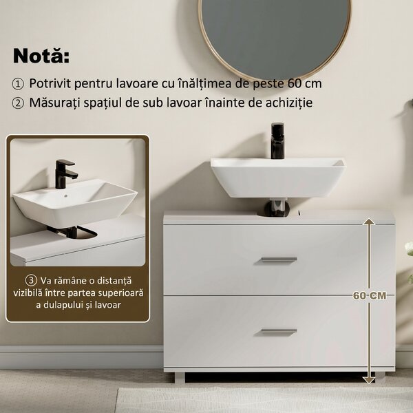 HOMCOM Dulap Sottolavabo pentru Baie cu 2 Sertare, Dulap Modern și Economisitor de Spațiu, 80x30x60 cm, Alb | Aosom Romania