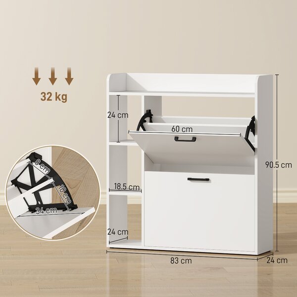 HOMCOM Dulap pentru pantofi slim cu 2 sertare rabatabile și 3 rafturi, Capacitate 15 perechi, 83x24x90.5 cm, Alb | Aosom Romania