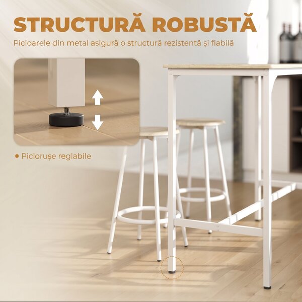 HOMCOM Set de Dining 5 Piese cu Bar 110x50x89,5 cm și Scaune Ø30x60,5 cm din Lemn și Metal Nuanță Lemn | Aosom Romania