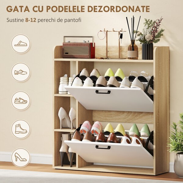 HOMCOM Dulap Slim pentru Pantofi cu 2 Sertare Rabatabile și 3 Compartimente, Capacitate 15 Perechi, 83x24x90,5 cm, Lemn și Alb | Aosom Romania