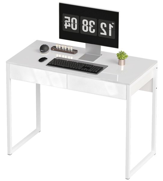 HOMCOM Birou Modern cu 2 Sertare și Picioare din Oțel, 100x50x75 cm, Alb Lucios | Aosom Romania