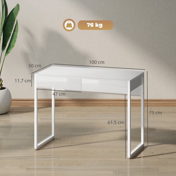 HOMCOM Birou Modern cu 2 Sertare și Picioare din Oțel, 100x50x75 cm, Alb Lucios | Aosom Romania