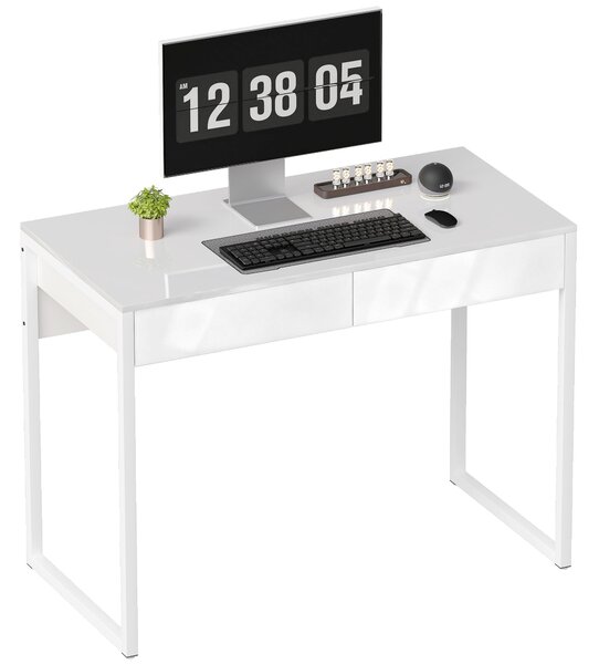 HOMCOM Birou Modern cu 2 Sertare și Picioare din Oțel, 100x50x75 cm, Alb Lucios | Aosom Romania
