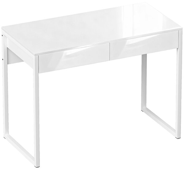 HOMCOM Birou Modern cu 2 Sertare și Picioare din Oțel, 100x50x75 cm, Alb Lucios | Aosom Romania