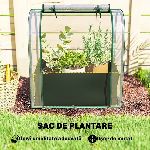 Outsunny Mini Seră de Grădină cu Sac de Plantare, Seră pentru Grădină cu Ușă Rulabilă, Structură din Oțel, Acoperire din Plastic, pentru Legume, Flori, Plante, Verde Închis | Aosom Romania