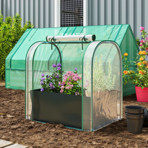 Outsunny Mini Seră de Grădină cu Sac de Plantare, Seră pentru Grădină cu Ușă Rulabilă, Structură din Oțel, Acoperire din Plastic, pentru Legume, Flori, Plante, Verde Închis | Aosom Romania