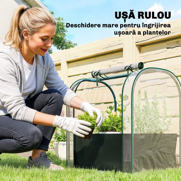 Outsunny Mini Seră de Grădină cu Sac de Plantare, Seră pentru Grădină cu Ușă Rulabilă, Structură din Oțel, Acoperire din Plastic, pentru Legume, Flori, Plante, Verde Închis | Aosom Romania