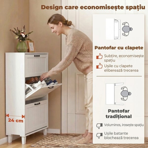 HOMCOM Dulap pentru încălțăminte, 3 sertare rabatabile, rafturi reglabile, îngust, Alb. | Aosom Romania