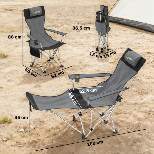 Outsunny Set de 2 Scaune de Camping Pliabile cu Suport pentru Picioare Detașabil, 82x100x88 cm, Negru | Aosom Romania