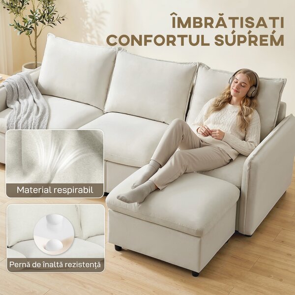 Set Canapea 3 Locuri, HOMCOM, Leathaire, 212x125x84cm, Crem | Aosom Romania