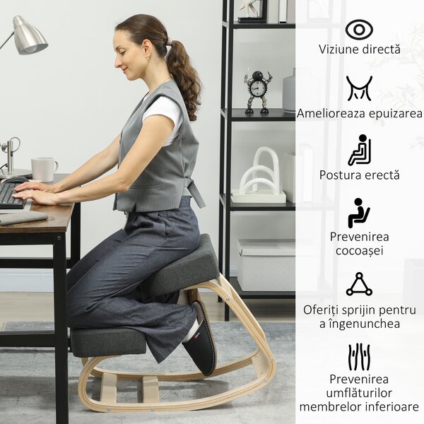 Vinsetto Scaun Ergonomic pentru Genunchi din Mesteacăn și Pernă Gri | Aosom Romania