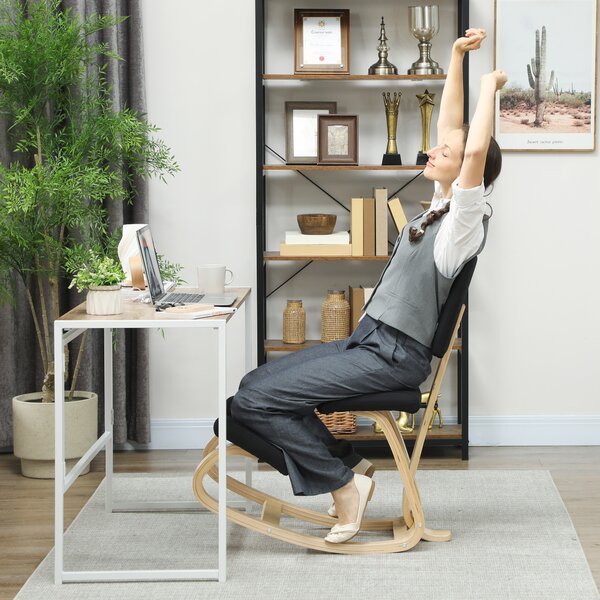 HOMCOM Scaun Ergonomic pentru Genunchi din Țesătură cu Aspect de In și Lemn de Mesteacăn, Negru | Aosom Romania