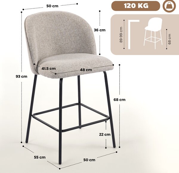 HOMCOM Set 2 Scaune de Bar cu Spătar și Suport pentru Picioare, Acoperire din Material Textil și Picioare din Oțel, Gri | Aosom Romania