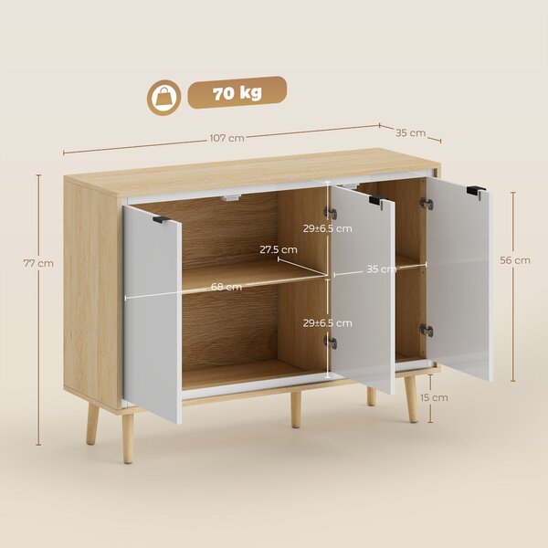 HOMCOM Bufet Modern cu 3 Uși și Raft Reglabil 107x35x77cm Alb și Stejar | Aosom Romania