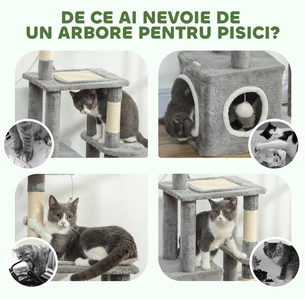 PawHut Ansamblu de joacă zgârietoare pentru pisici cu căsuță, pat și 2 mingi, din lemn și pluș, 55x40x107 cm, gri și alb | Aosom Romania