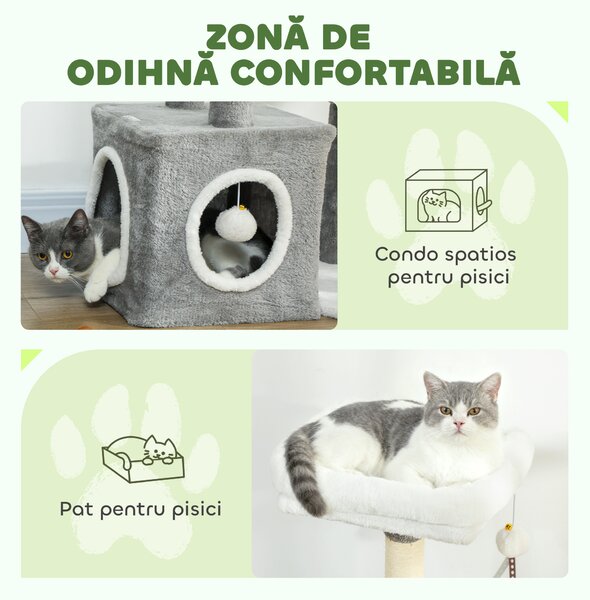 PawHut Ansamblu de joacă zgârietoare pentru pisici cu căsuță, pat și 2 mingi, din lemn și pluș, 55x40x107 cm, gri și alb | Aosom Romania