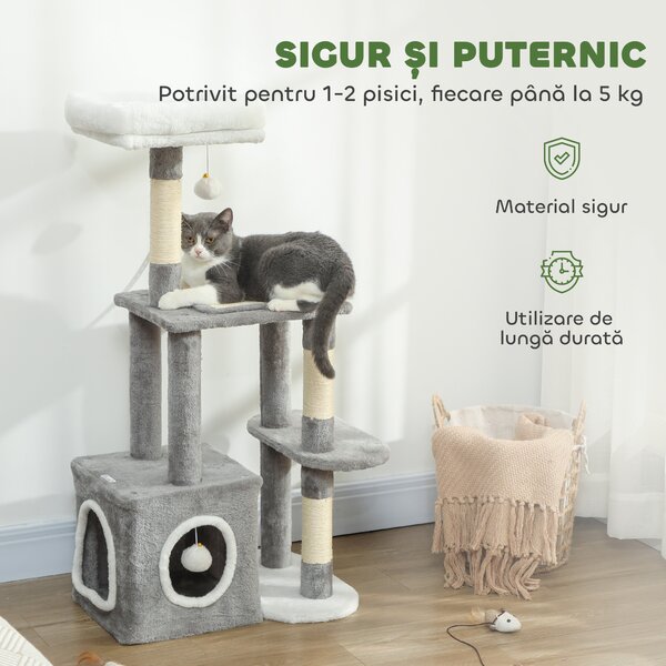 PawHut Ansamblu de joacă zgârietoare pentru pisici cu căsuță, pat și 2 mingi, din lemn și pluș, 55x40x107 cm, gri și alb | Aosom Romania