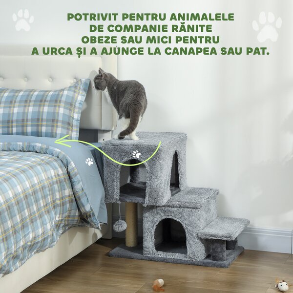 PawHut Scara pentru Pisici cu 4 Trepte Reglabile, 2 Căsuțe și Stâlp pentru Zgâriat Gri | Aosom Romania