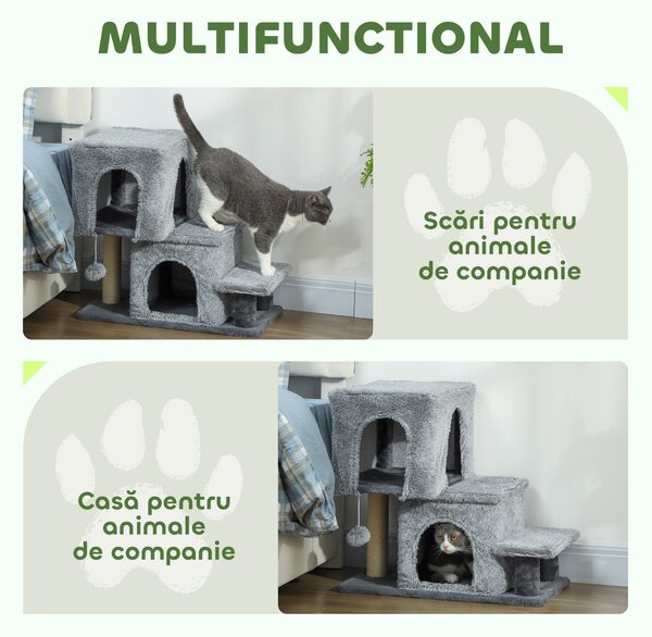 PawHut Scara pentru Pisici cu 4 Trepte Reglabile, 2 Căsuțe și Stâlp pentru Zgâriat Gri | Aosom Romania