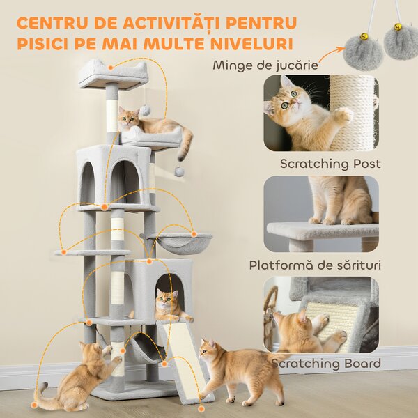 PawHut Arborele pentru Pisici cu Căsuțe, Paturi, Singhii și Mingi, Gri Deschis | Aosom Romania