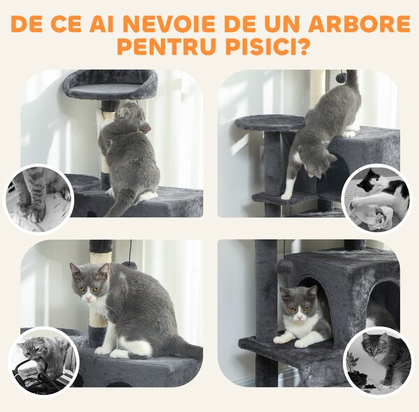 PawHut Ansamblu de joacă pentru pisici cu 2 căsuțe, culcuș și Hamac, 140 cm, Gri | Aosom Romania