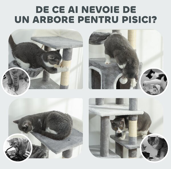 PawHut Arborele pentru Pisici cu Căsuțe, Rampe, Stinghie și 4 Mingi, Gri | Aosom Romania