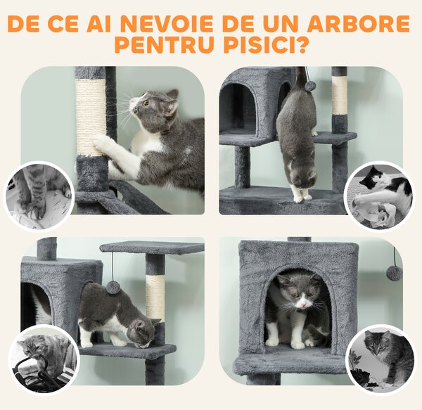 PawHut Arborele pentru Pisici mare, 202 cm, cu 6 Stâlpi de Zgâriat, 2 Hamace, 2 Stinghii, 2 Pompoane, Gri inchis | Aosom Romania
