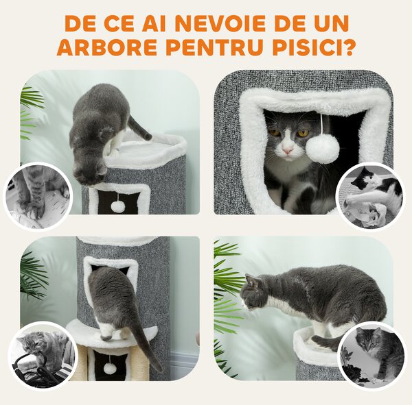 PawHut Ansamblu de joacă pentru pisici, 76 cm înălțime, cu culcușuri, pat și mingi, Gri | Aosom Romania