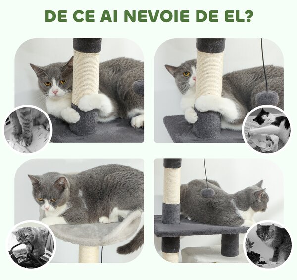 PawHut Ansamblu de joacă pentru pisici cu căsuță, Culcuș, Stâlpi și Covor, 85cm, Gri | Aosom Romania