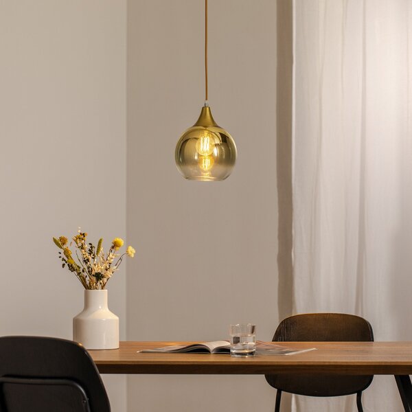 Eko-Light Lampă suspendată Monte din sticlă, 1 bec, auriu, reglabil, Auriu / Alamă, Camera de zi / sufragerie, Sticlă, Modern