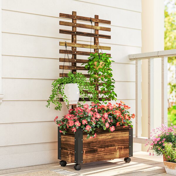 Outsunny Jardiniera cu Spalier pentru Plante Agatatoare si Roti, Jardiniera din Lemn de Brad cu Design Autodrenant, 65x31x147 cm, Maro Carbonizat