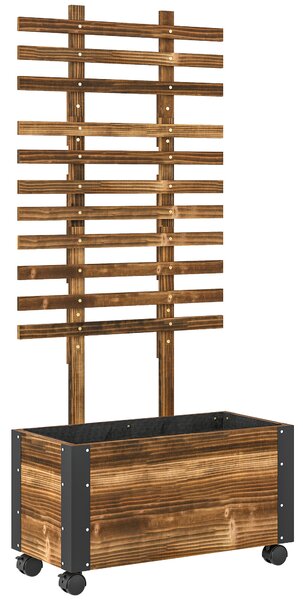 Outsunny Jardiniera cu Spalier pentru Plante Agatatoare si Roti, Jardiniera din Lemn de Brad cu Design Autodrenant, 65x31x147 cm, Maro Carbonizat