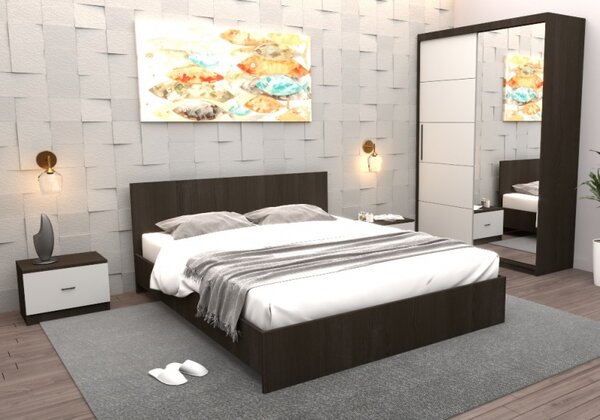 Set Dormitor Tania Wenghe + Alb Pat 160 cm x 200 cm + Noptiere + Dulap cu usi glisante 150 cm x 200 cm