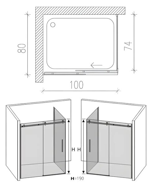 Cabina De Dus Gal 80x100cm, Sticla Securizata Gri 8mm, Profil Aluminiu Negru, Usa Culisanta
