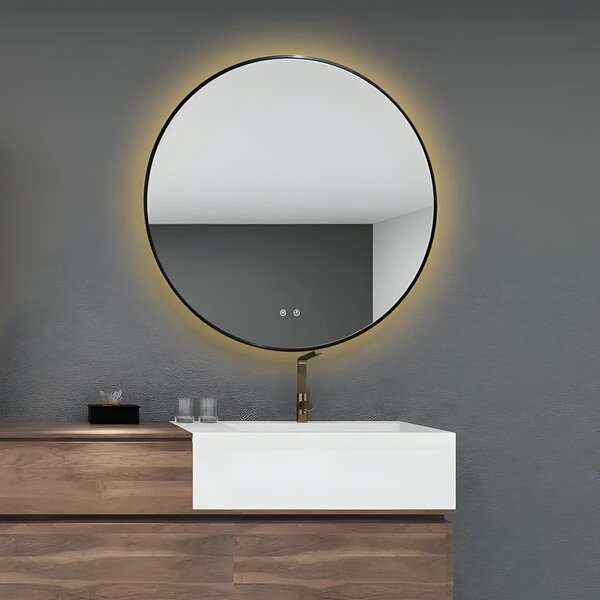 Oglinda Baie Led Magnolia R90cm, Negru Mat, Functie Dezaburire