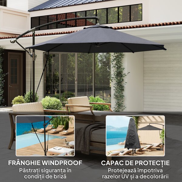 Outsunny Umbrelă de Soare cu Corzi Anti-Vânt, Orificii de Aerisire, Bază în Cruce și Manivelă, Φ290x243 cm, Gri | Aosom Romania