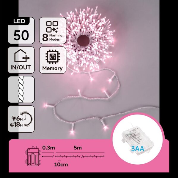 Aigostar - instalație luminoasă LED de exterior pentru Crăciun, 50 LED/8 funcții, 3xAA, 5,3 m, IP44, roz